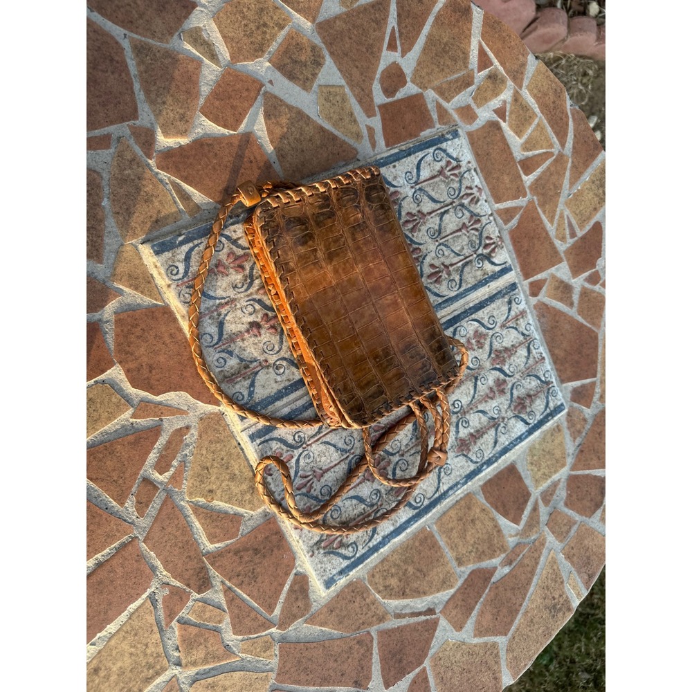 Vintage Alligator Leather Crossbody Bag Tan Whipstitch Braided Strap Small